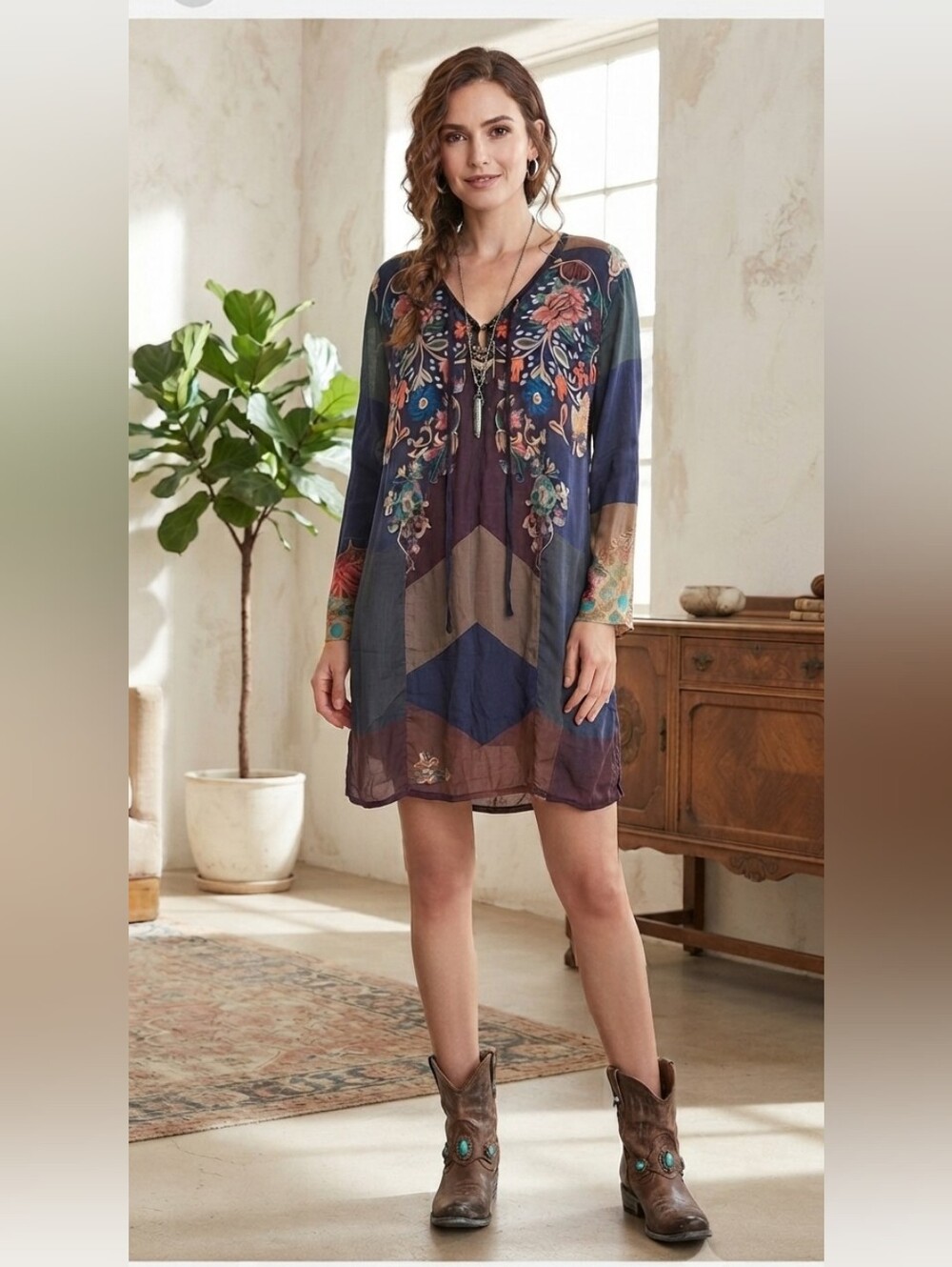 Johnny Was Navy Floral Embroidered Patchwork Long-Sleeve Dress